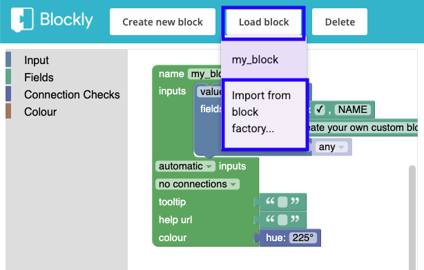 Screenshot of the Block Factory showing the "Load block" and "Import" buttons highlighted