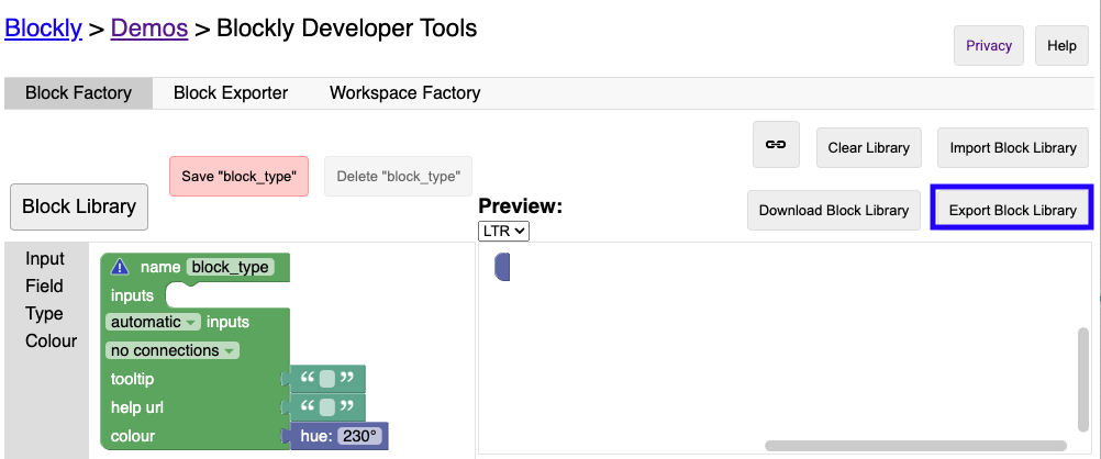 Screenshot of the legacy Block Factory with the "Export Block Library" button highlighted