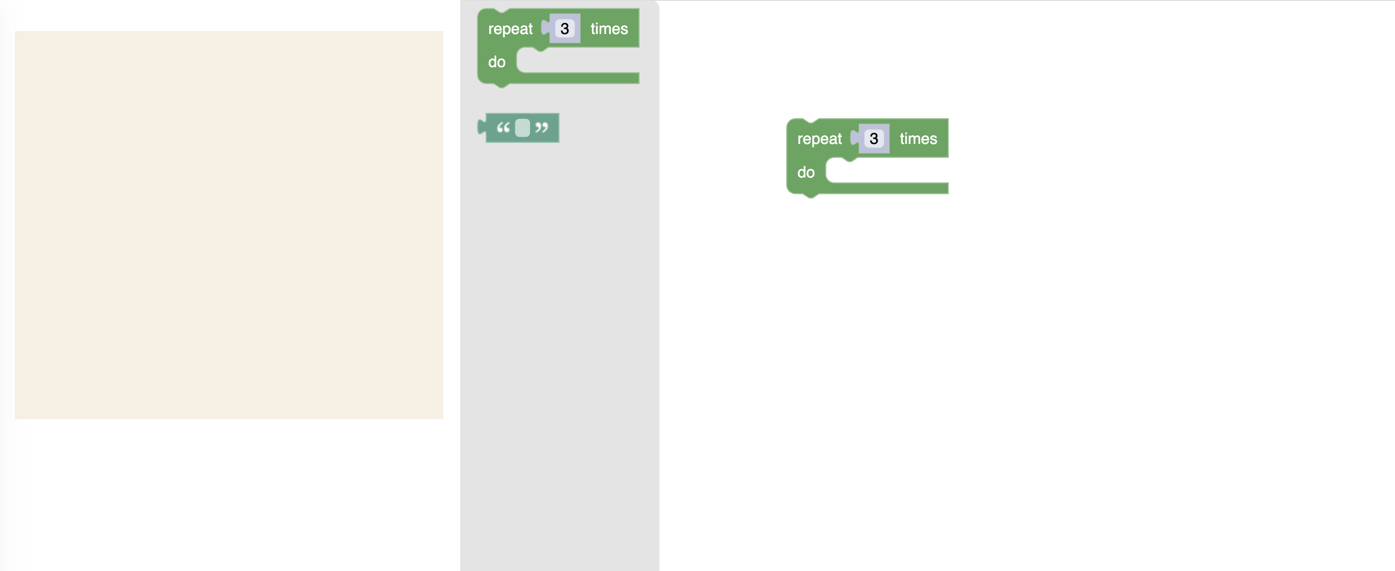 A webpage with a space for generated code, a Blockly toolbox with two blocks in it, and a Blockly workspace with one block in it.